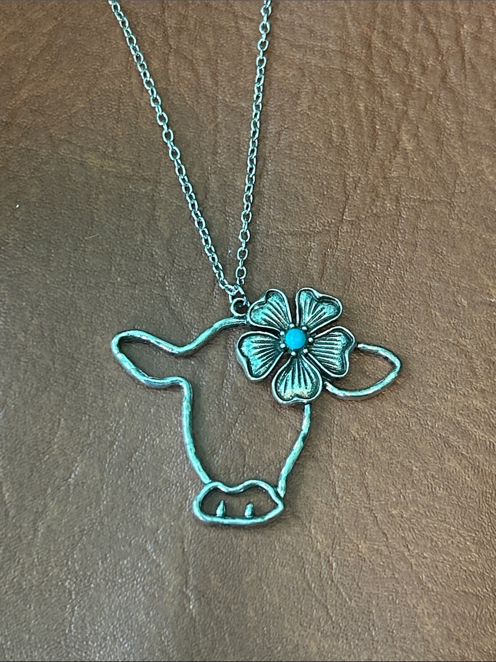 Silver Cow Outline Pendant Necklace with Turquoise Flower Accent